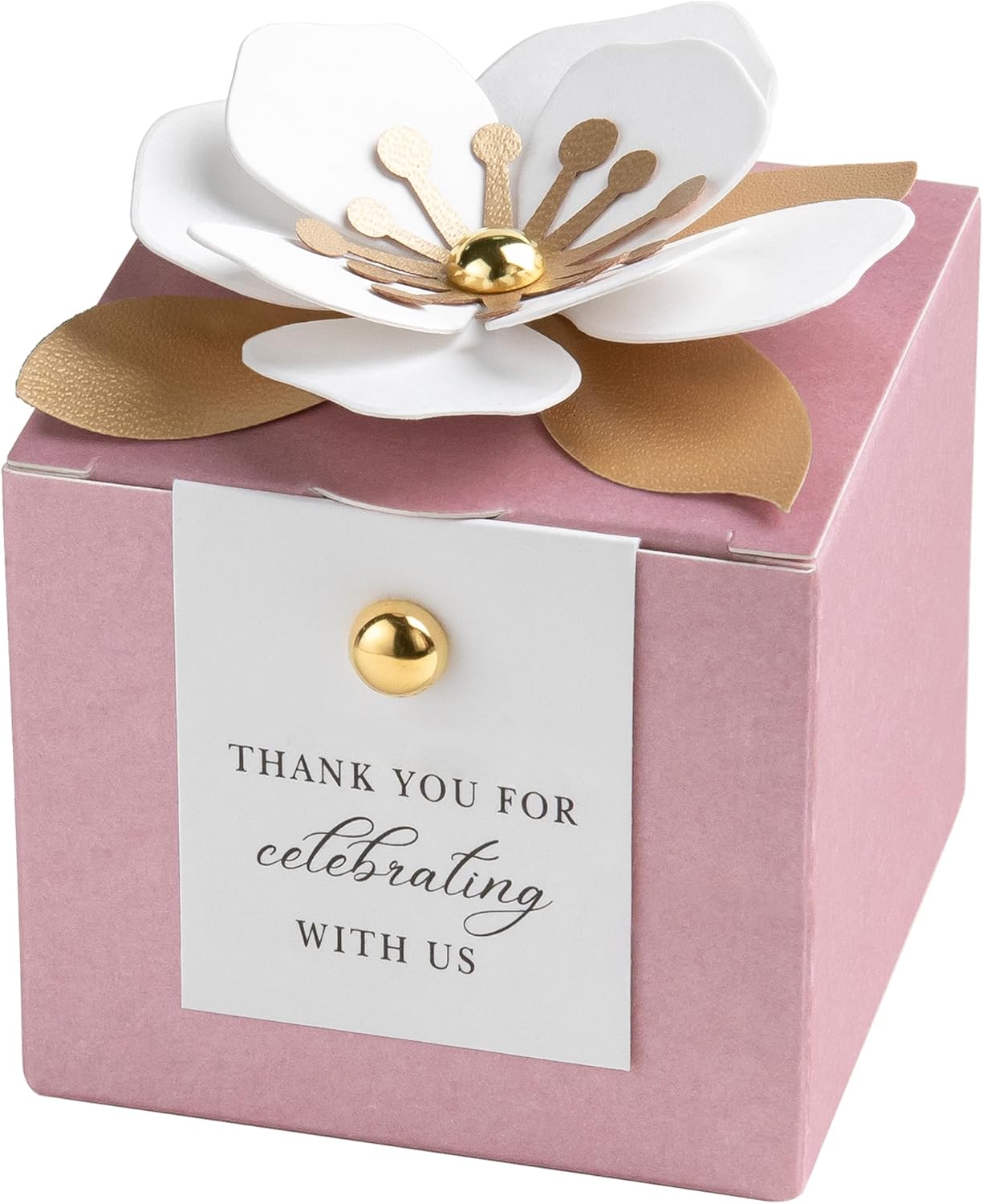 FEIYI 20 PCS Candy Boxes, 3 In 1Dusty Rose Favor Boxes with Floral Decor, White Thank You Tags Gift wrapping for Wedding Birthday Baby Shower Decorations Party -2.55x2.55x2.55''