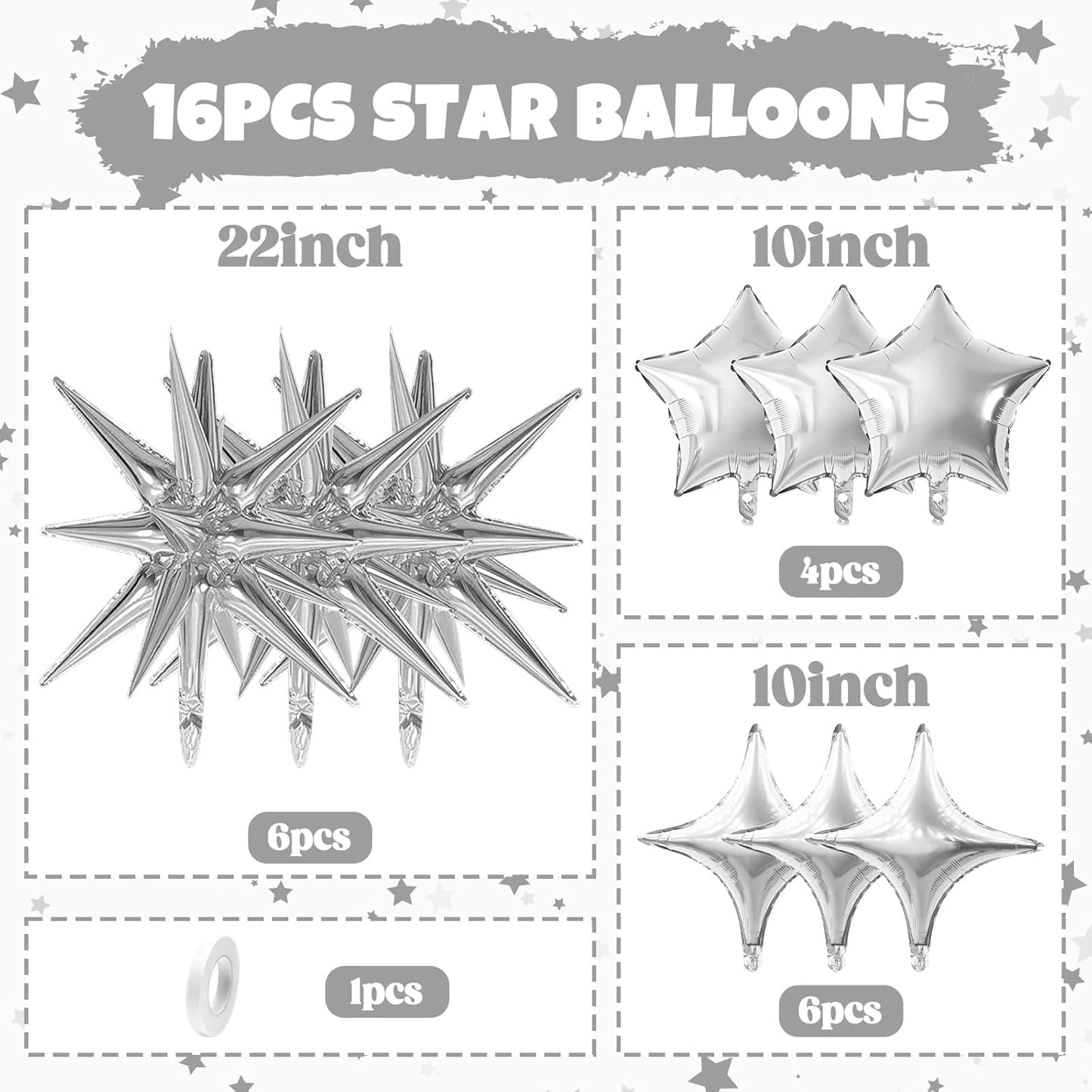 Silver Star Balloon,16Pcs Star Foil Balloons Set with 22Inch Explosion Spike Cone Balloons and 10Inch Quadrangle Helium Balloon for Birthday Wedding Baby Shower Party Decorations
