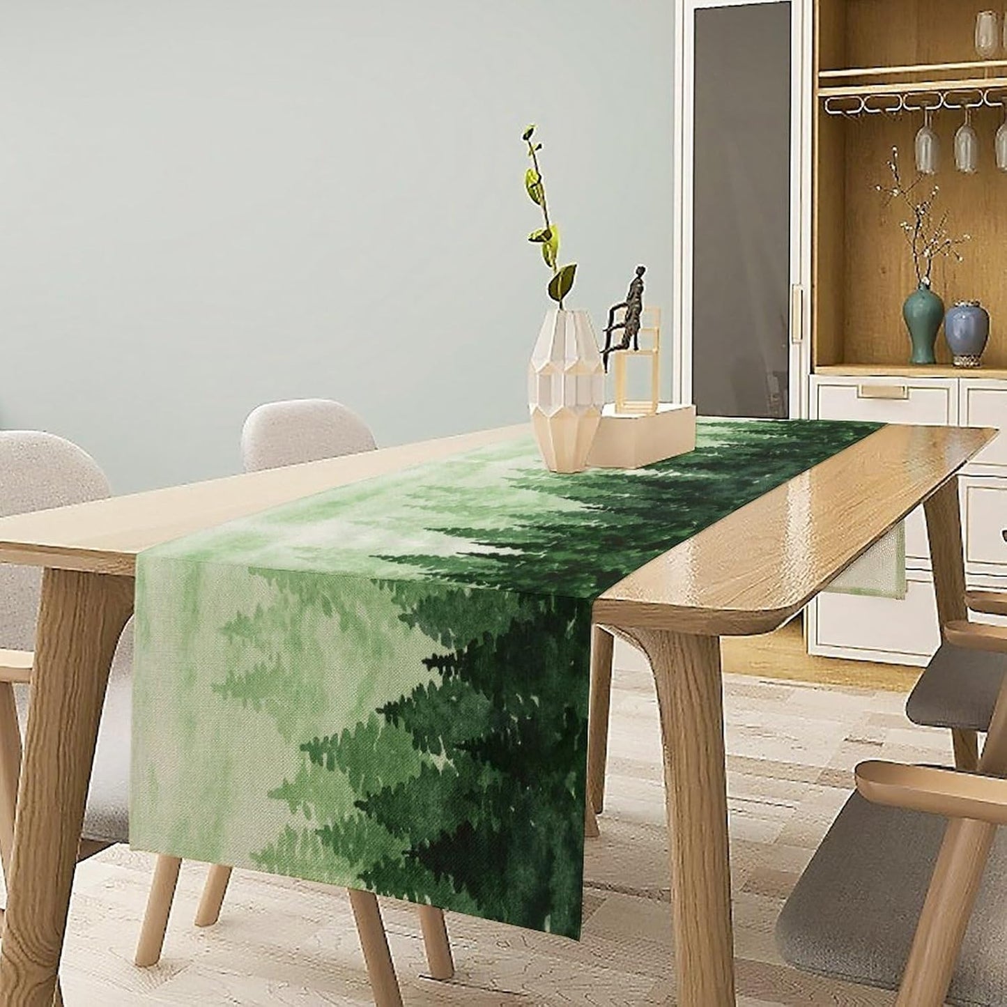 Foggy Forest Table Runner,Watercolor Wreen Misty Forest Landscape Table Runner for Kitchen Dining Table Home Party Decoration 13x120 Inch