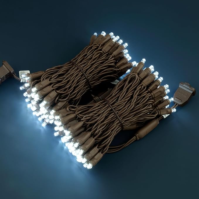 Cool White Wide Angle One-Piece LED Christmas Lights 48 Feet 140 Count, Pack of 2 Strands 70ct 5mm High Waterproof UL Certified Brown Cord String Lights