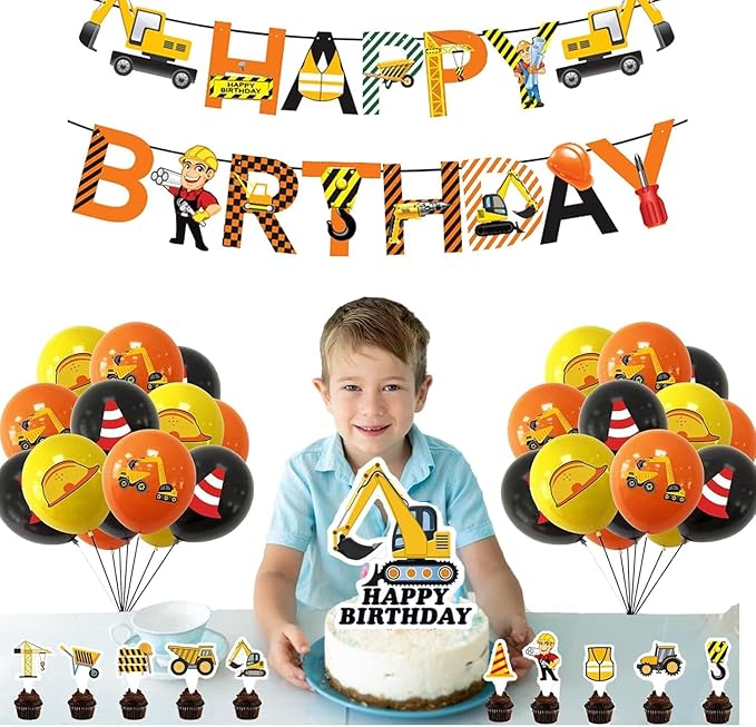 Construction Birthday Party Decorations Set, Happy Birthday Banner, Balloons, Cupcake Toppers, construction vehicles Theme