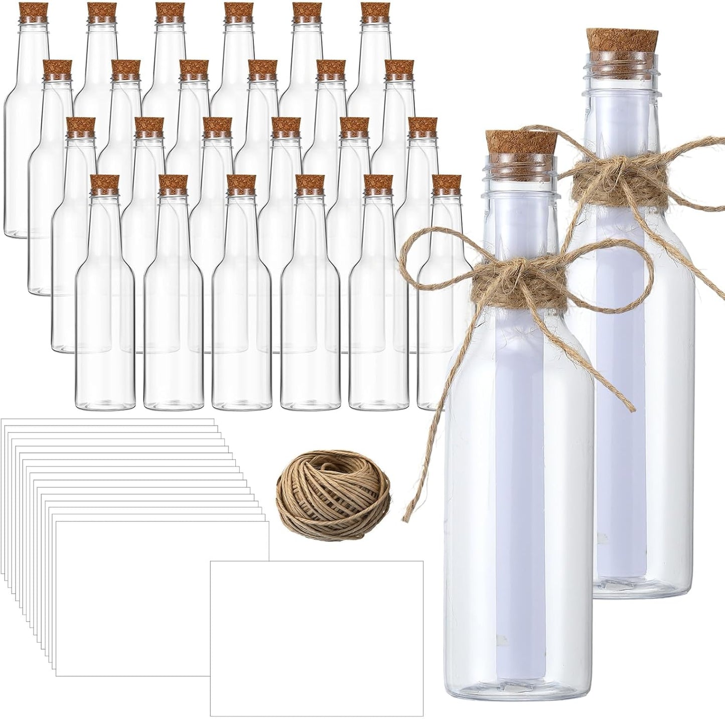 Baderke 24 Pcs 5.6 oz Message Bottles with Letter Printer Paper Plastic Bottles & Corks Twines for Message Invitations Birthday Wedding Baby Shower DIY Crafts Gift Party Favors (White)