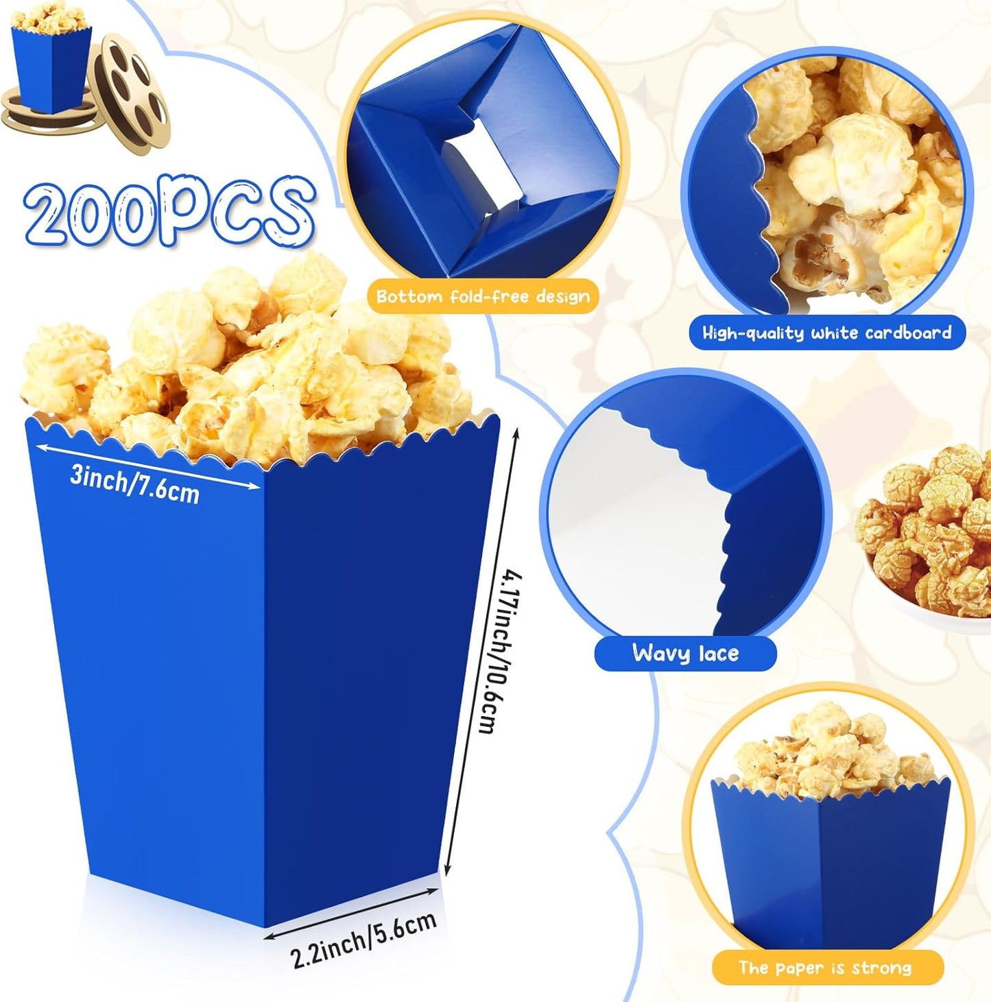 200 Pcs Popcorn Boxes Mini Paper Popcorn Box Cardboard Popcorn Container for Party Disposable Snack Candy Popcorn Bags Popcorn Holder for Birthday Wedding, 2.2 x 4.2 x 3 In (Navy Blue,Simple)