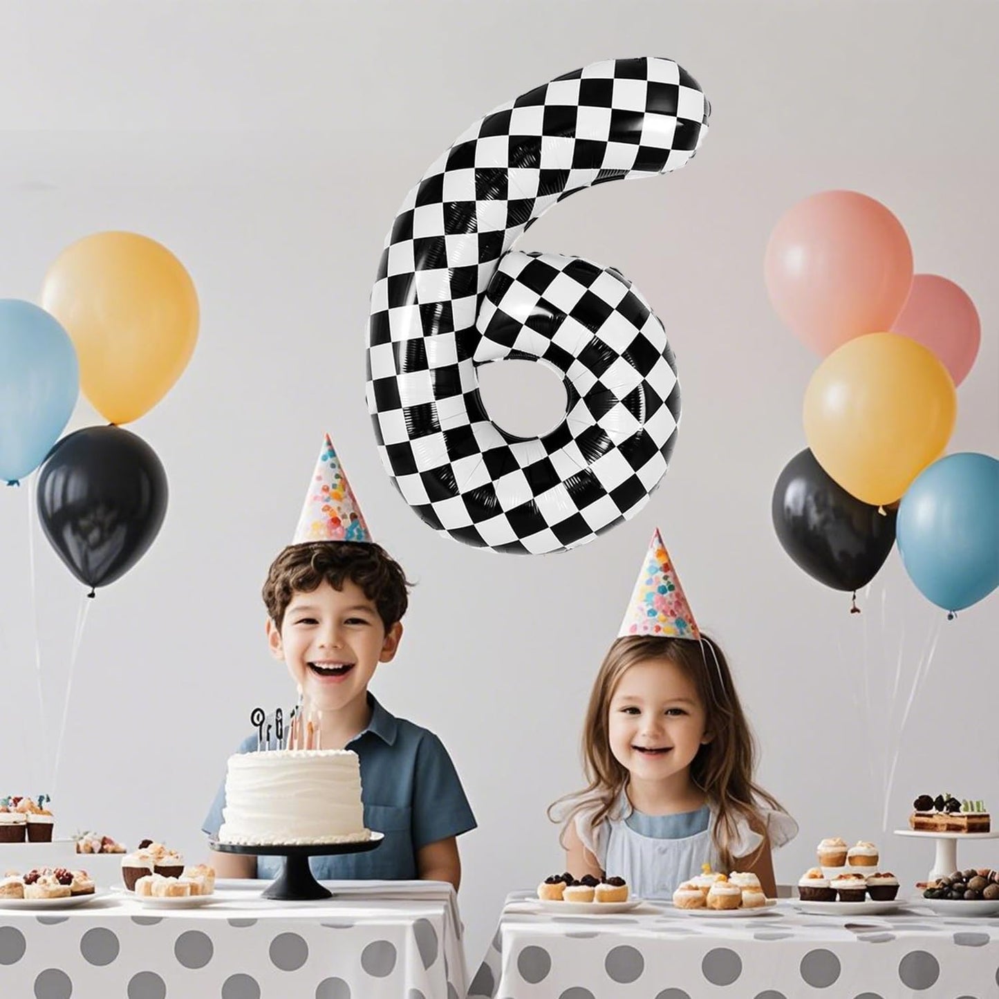 40 Inch Checkered Number Balloon - Race Flag Pattern Big Helium Balloon for Birthday Party Decorations - Black & White Balloon for Kids Adults Party Supplies(Racing Car, Number 6)