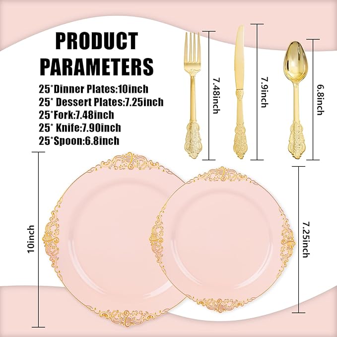 125PCS Pink and Gold Plastic Plates - Pink Disposable Plates - Vintage Plate with Gold Plastic Silverware Set for 25 Guests for Weddings Valentine's Day Parties