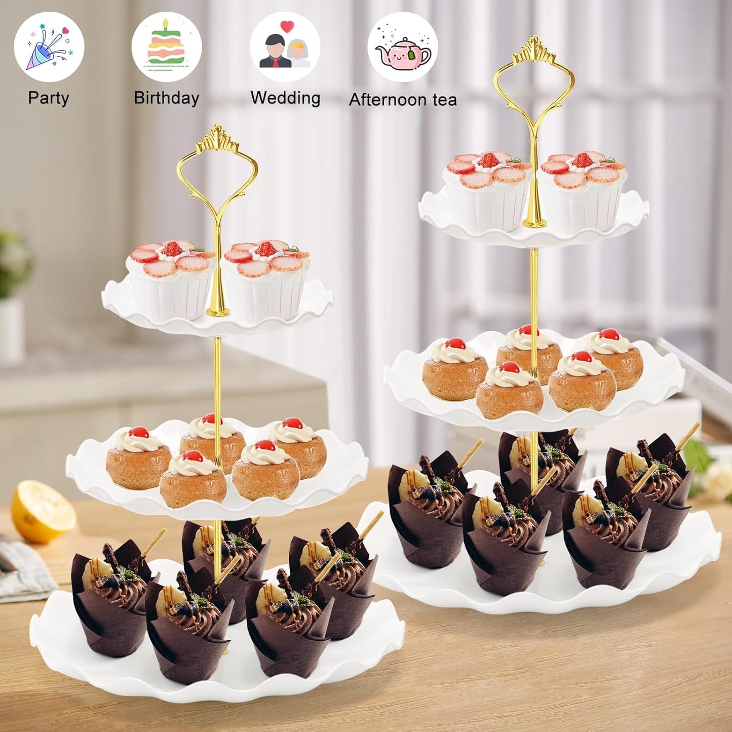 Coitak 3 Tier Cupcake Stand, Plastic Tiered Serving Stand, Dessert Tower Tray for Tea Party, Baby Shower and Wedding (Wavy-Metal Rod)