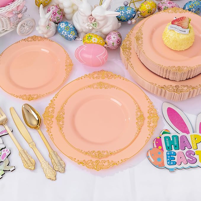 125PCS Peachy Pink Plastic Plates - Elegant Pink and Gold Dinnerware Set - Heavy Duty Disposable Plates with Gold Silverware Sets for 25 Guests for Wedding & Valentine's Day & Bridal Shower
