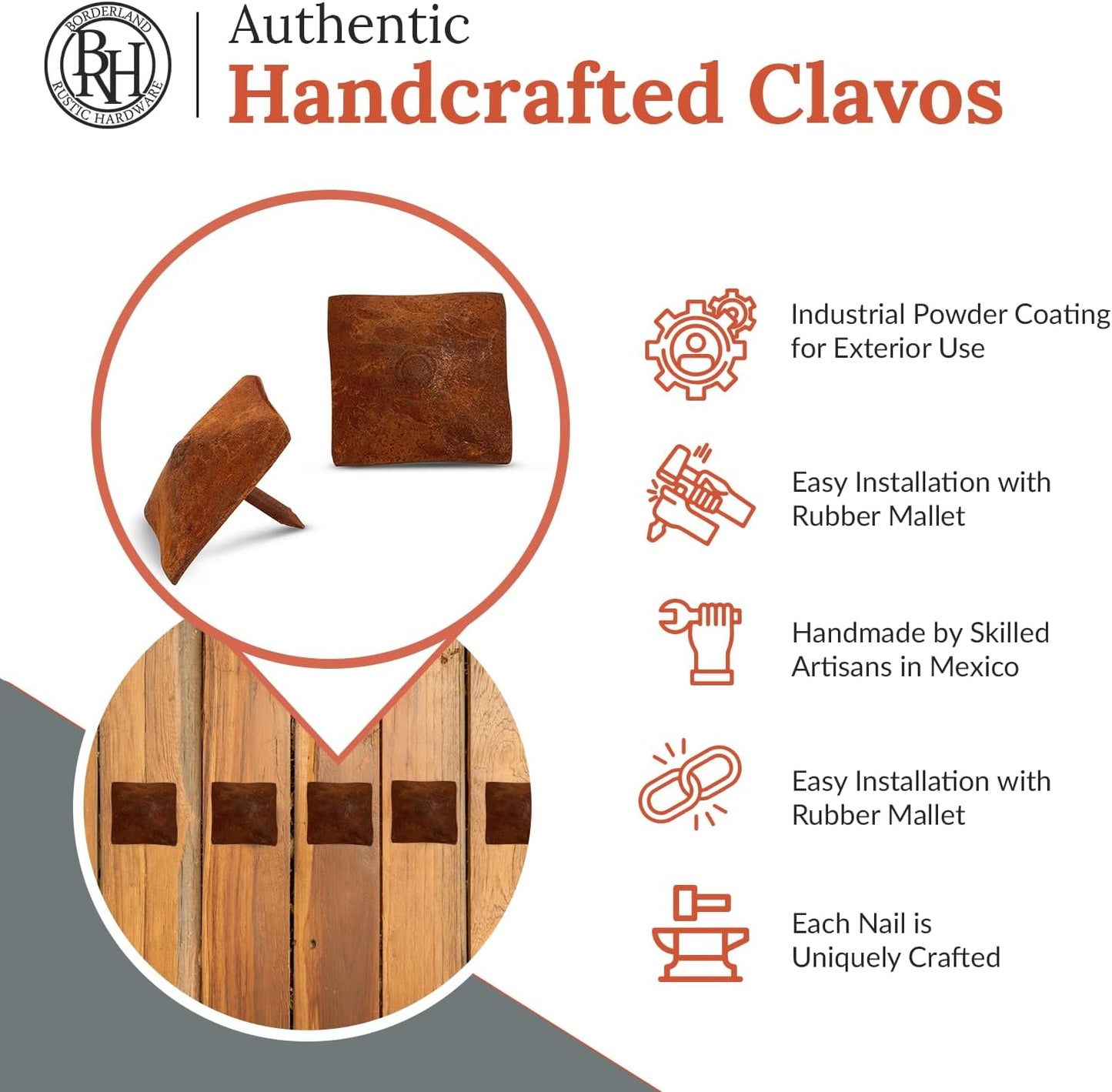 50 Pack 1.25" Square Head Iron Clavos Decorative Nails – Rusted – Handmade Rustic Square Fasteners for Farmhouse Shutters, Faux Wood Beams, Barn Doors, Shutters, and Gates – Ornamental Wood Accent