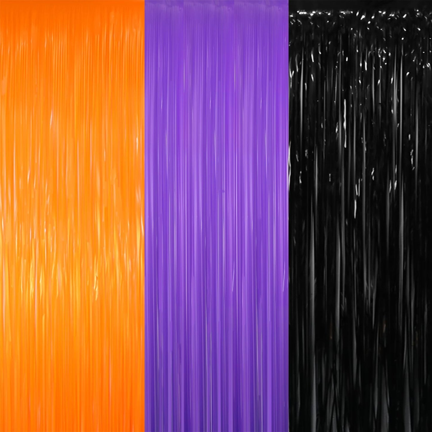 GOER 3.2 ft x 8.2 ft Metallic Tinsel Foil Fringe Curtains for Halloween Birthday Graduation New Year's Party Decorations(1 Pack,Black&Orange&Purple)
