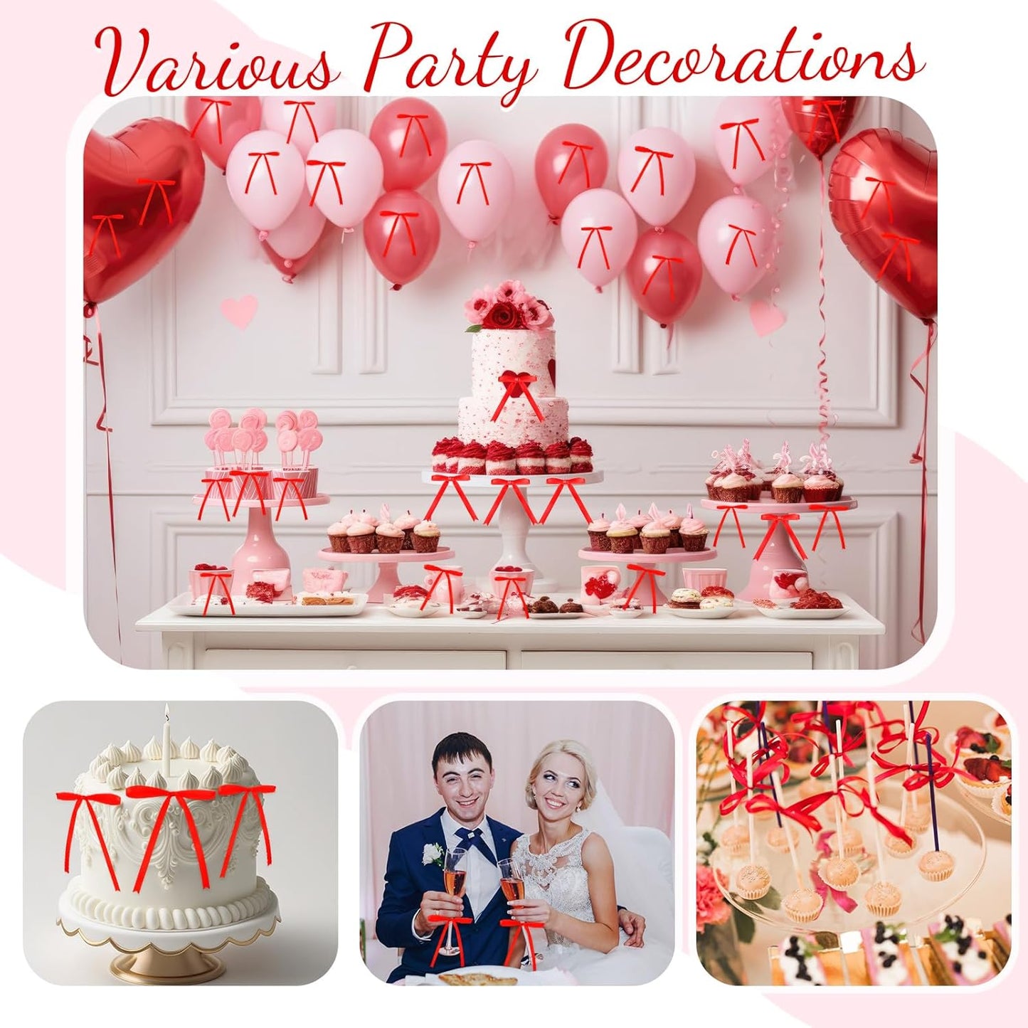 Riceshoot 50 Pcs Twist Tie Bows for Cake 3x4.5 Inch Satin Ribbon Bows for Gift Wrapping Treat Bags Craft DIY Wedding Baby Shower Birthday Party(Red)