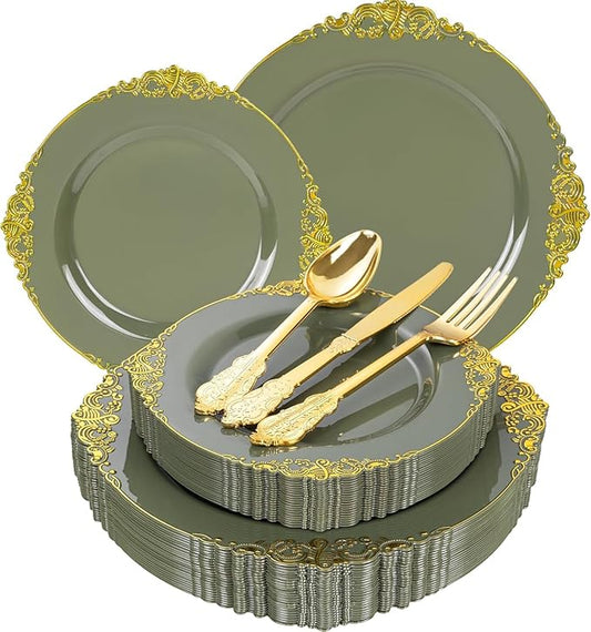 125PCS Olive Green Plastic Plates - Green and Gold Disposable Plates - Vintage Plate with Gold Plastic Silverware Sets for 25 Guests for Wedding & Party