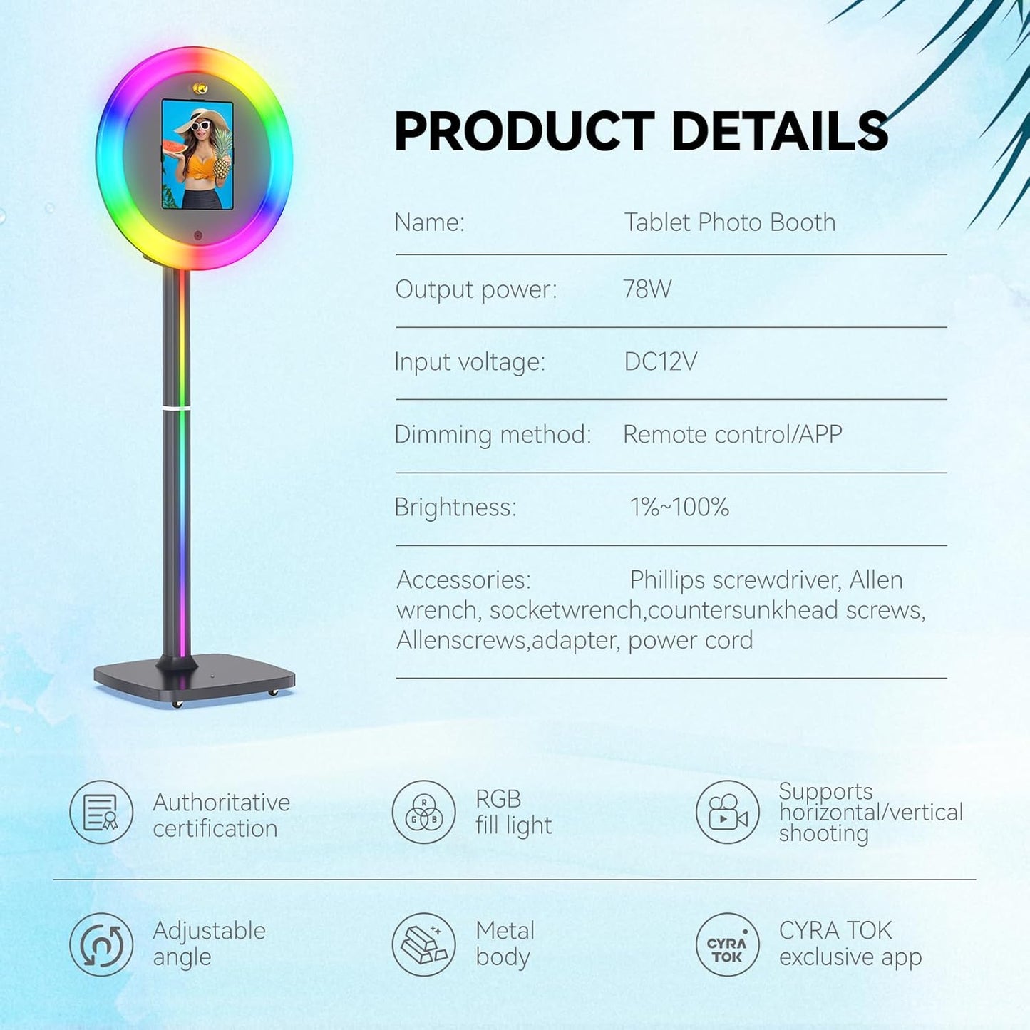 Portable Photo Booth Stand for iPads with Cyratok APP/Voice Control and RGB Fill Light Lightweight Aluminum Alloy Photobooth Machine Perfect for Parties,Wedding and Events(Black)