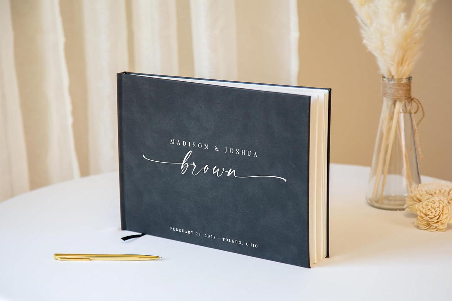 Personalized Guest Book - 11.5" x 8.5" Custom Bride & Groom Names with Bookmark and Hard Cover 140 GSM Blank Pages, for Weddings Guest Book, Engagements, Birthdays, Special Events, Charcoal