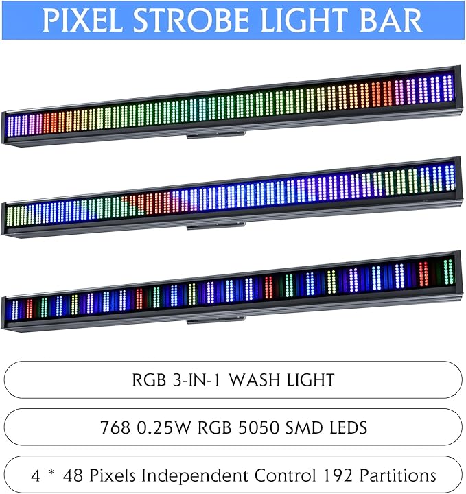 Stage Lights Bar 200W RGB DJ Light 192 Partition Pixels 760 LED Strobe Light DMX Sound Chasing Wash for Parties Club Disco Events Wedding Church