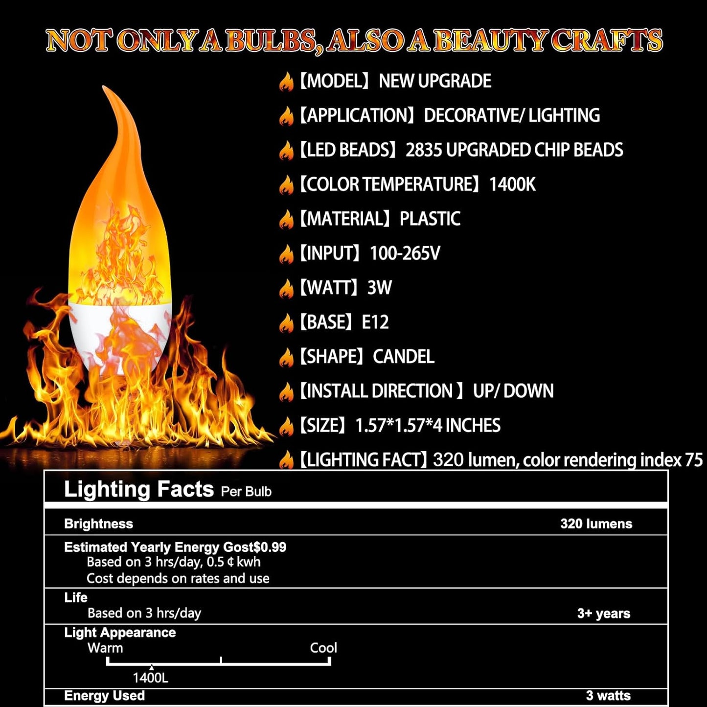 E12 LED Flickering Candelabra Flame Effect Light Bulbs - Upgrade Flicker Candelabra Torch Fire Effect Lights Bulbs for Outdoor Halloween Xmas Holiday Decorations Indoor Lamp (2 Pack)