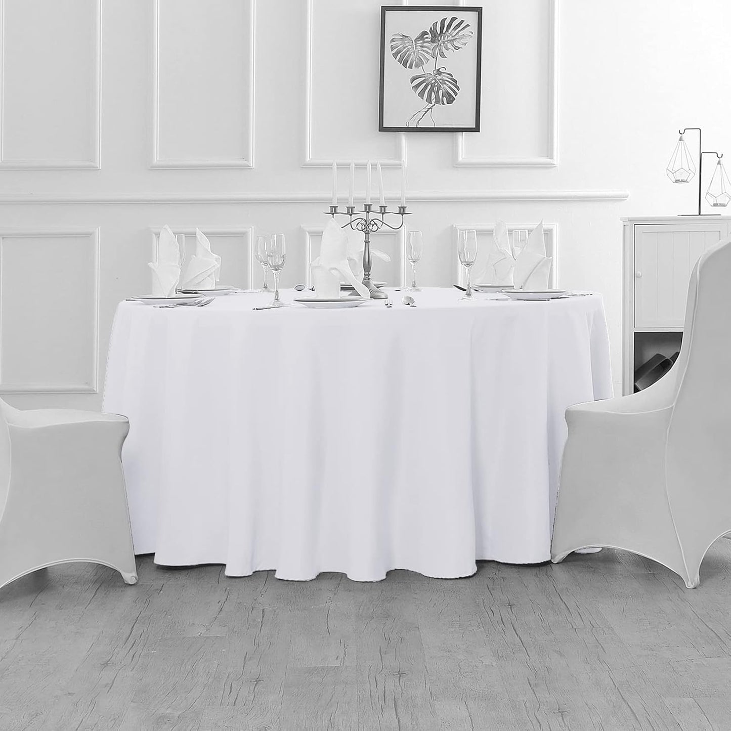 Fokitut 2 Pack Waterproof Round Tablecloth, 132 Inch, Stain Resistant and Wrinkle Polyester Table Cloth, Fabric Table Cover for Kitchen Dining, Wedding, Party, Holiday Dinner-White