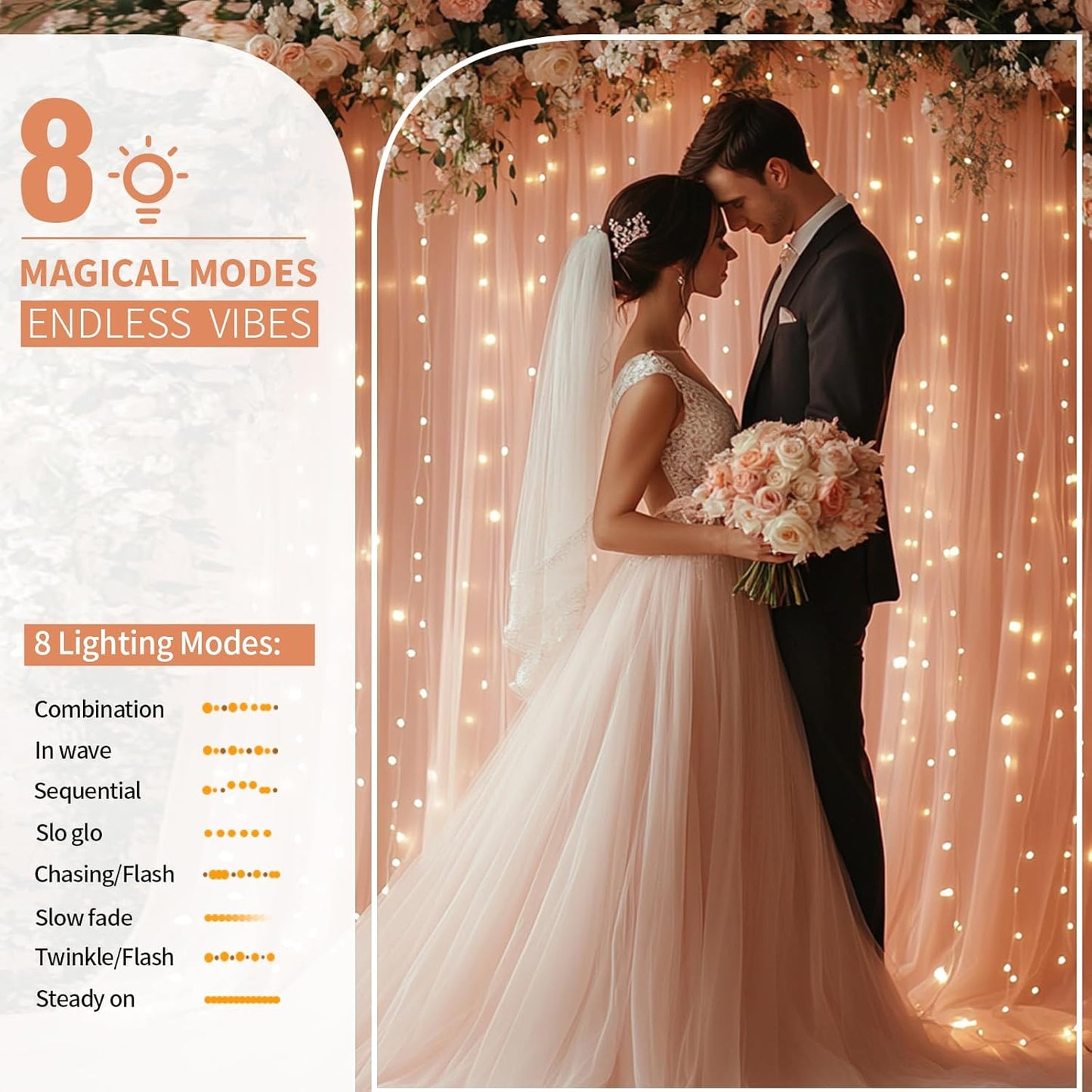 Pink Tulle Backdrop Curtain with Lights String - 10x8ft Sheer Backdrop with 250 LEDs for Wedding, Baby Shower, Bridal Shower, Birthday Party Photo Shoot Background and Home Decorations