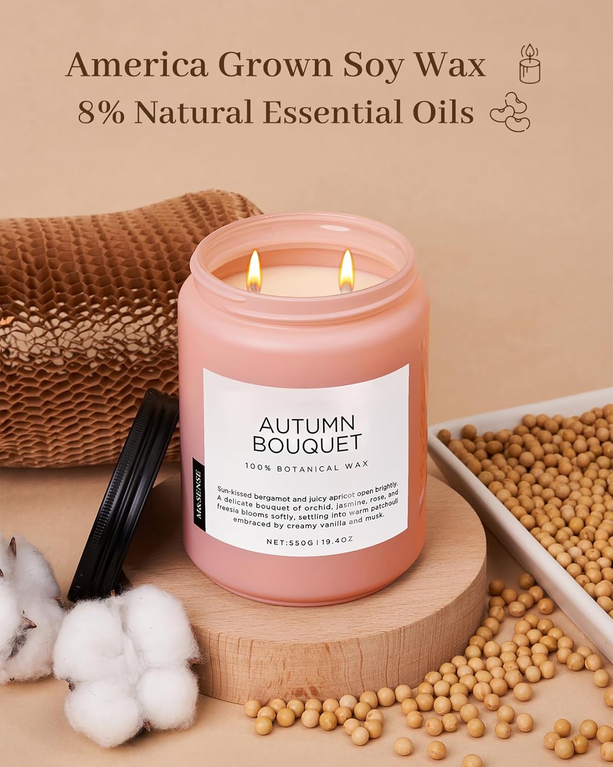 M&SENSE Fall Candle Autumn Flower Scented, Large 19.4oz Natural Soy Wax 110 Hours Burn Time Clean Non Toxic Candle Classic 2 Wicks Gifts