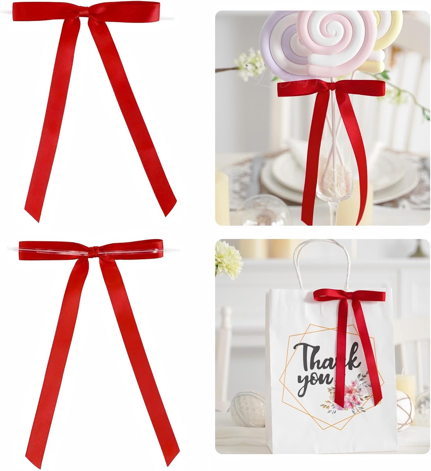 50 PCs Red Bow 5 Inch Long Tail Bows for Gift Wrapping, Easter Bow Party Decorations, Twist Tie Bows, Satin Bows for Crafts, Premade Bows for Presents, Treat Bags, Bottles, Cakes