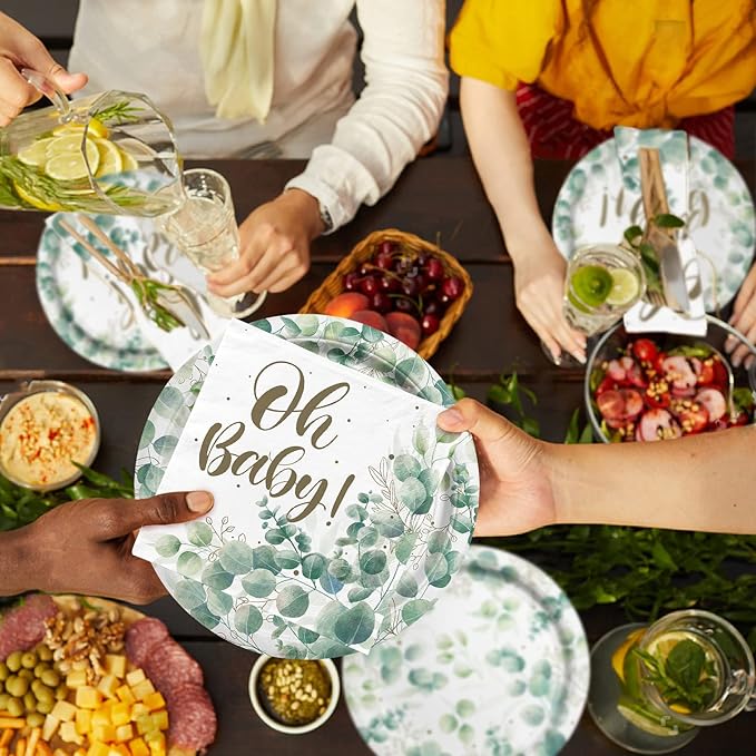 Sage Greenery Baby Shower Party Supplies Disposable Paper Plates Napkins Cups for Boho Greency Party Decorations, Serve 16.