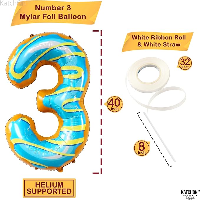 KatchOn, Huge Donut Number 3 Balloon - 40 Inch | Number 3 Donut Balloon | donut Birthday Party Decorations | 3rd Birthday Party Decorations | birthday decorations for women