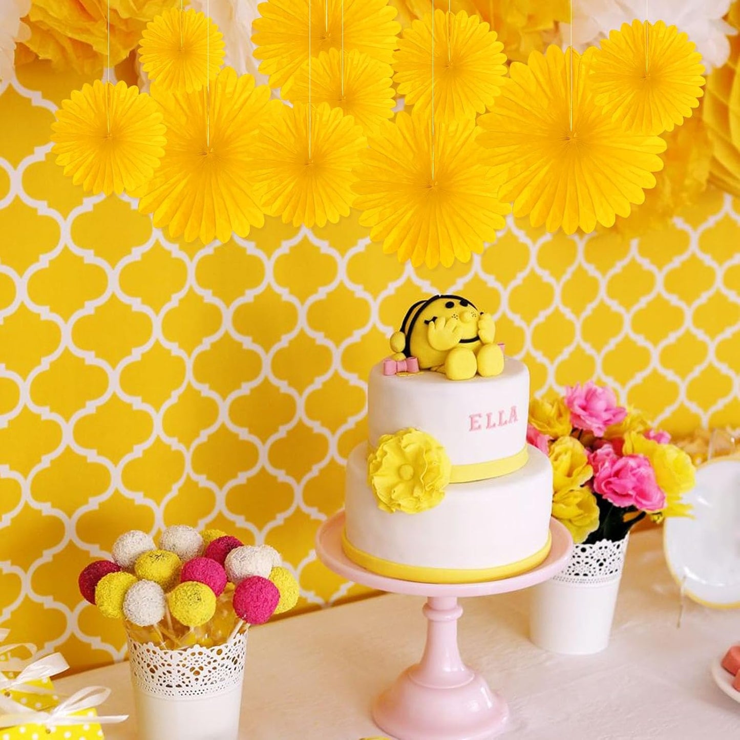 20 Pcs Golden Yellow Hanging Paper Fan, Hanging Honeycomb Round Paper Fans for Weddings, Birthdays, Christmas, Baby Showers, Classroom, Events Ceiling Party Supplies Decorations