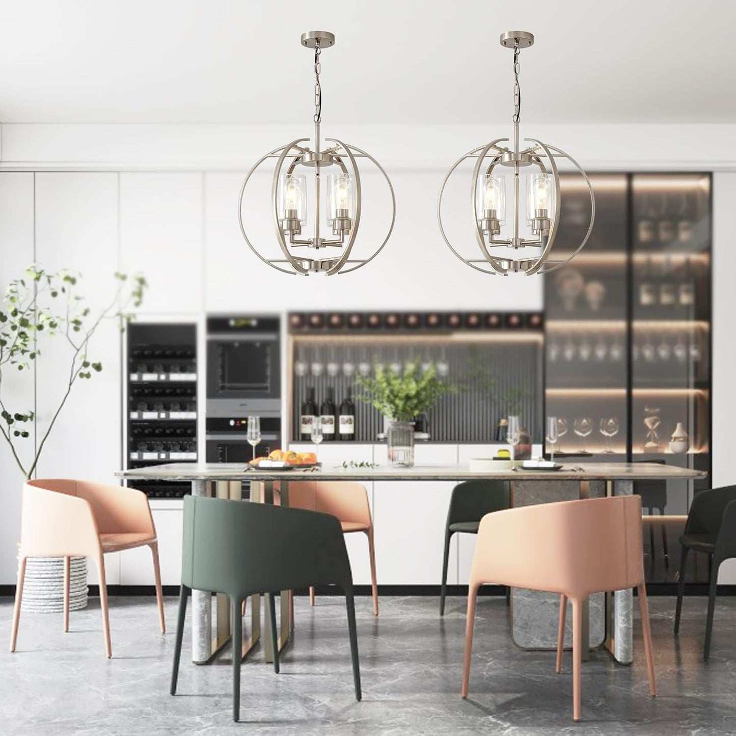 Large Lantern Globe Brushed Nickel Chandelier Lighting, Adjustable Hanging Ceiling Pendant 4 Light for Kitchen, Dining Room, Living Room, Hallway, Bedroom