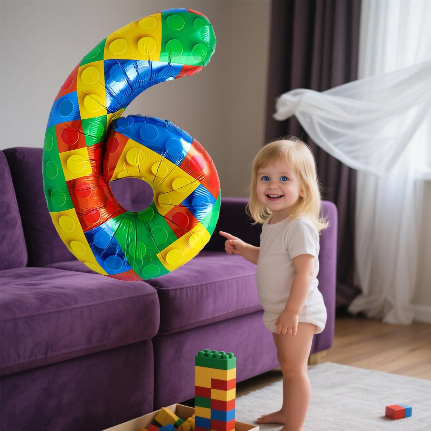 32 Inch Stackable Block Number Balloon – Colorful Brick Building Themed Big Helium Digits for Kids Birthday Party Decorations (Building Block, Number 6)