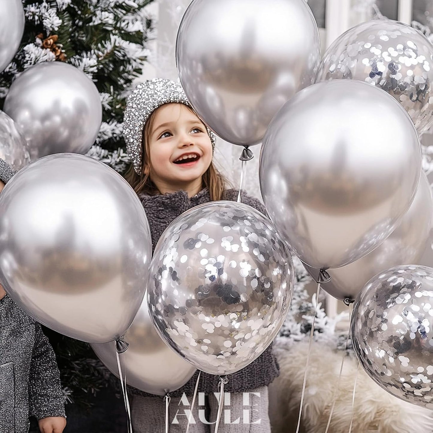AULE Party Balloons Pack of 42 - Metallic Balloons & Confetti Balloons and 64ft Ribbons - 12 Inch Silver Balloons Decorations Set