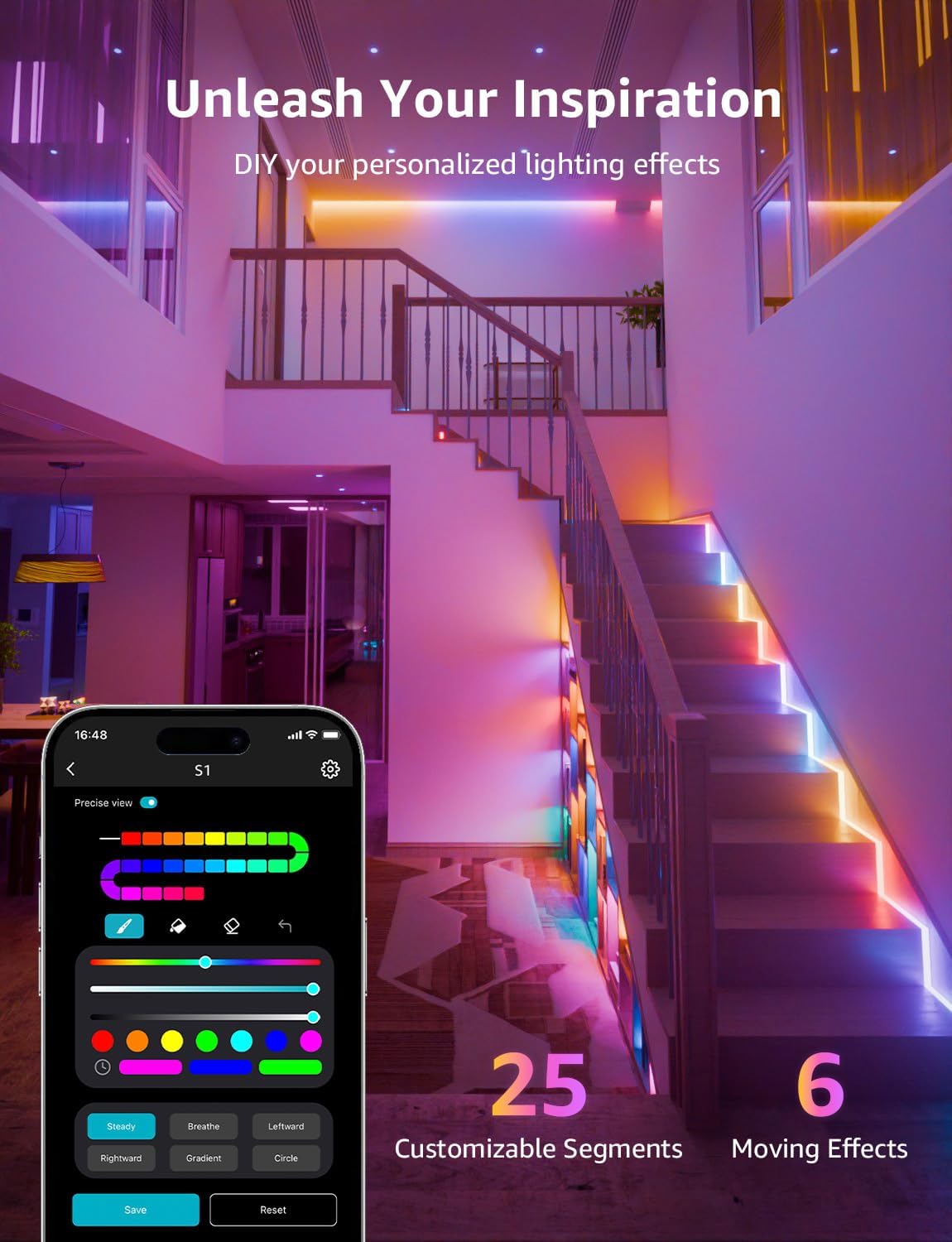 Lepro S1 AI LED Strip Lights for Bedroom - 16.4ft Smart RGB Light Strips with IC and Rainbow Chasing Effects, Color Segment DIY, AI Generated Lighting, No Remote, 2.4G Wi-Fi & Bluetooth