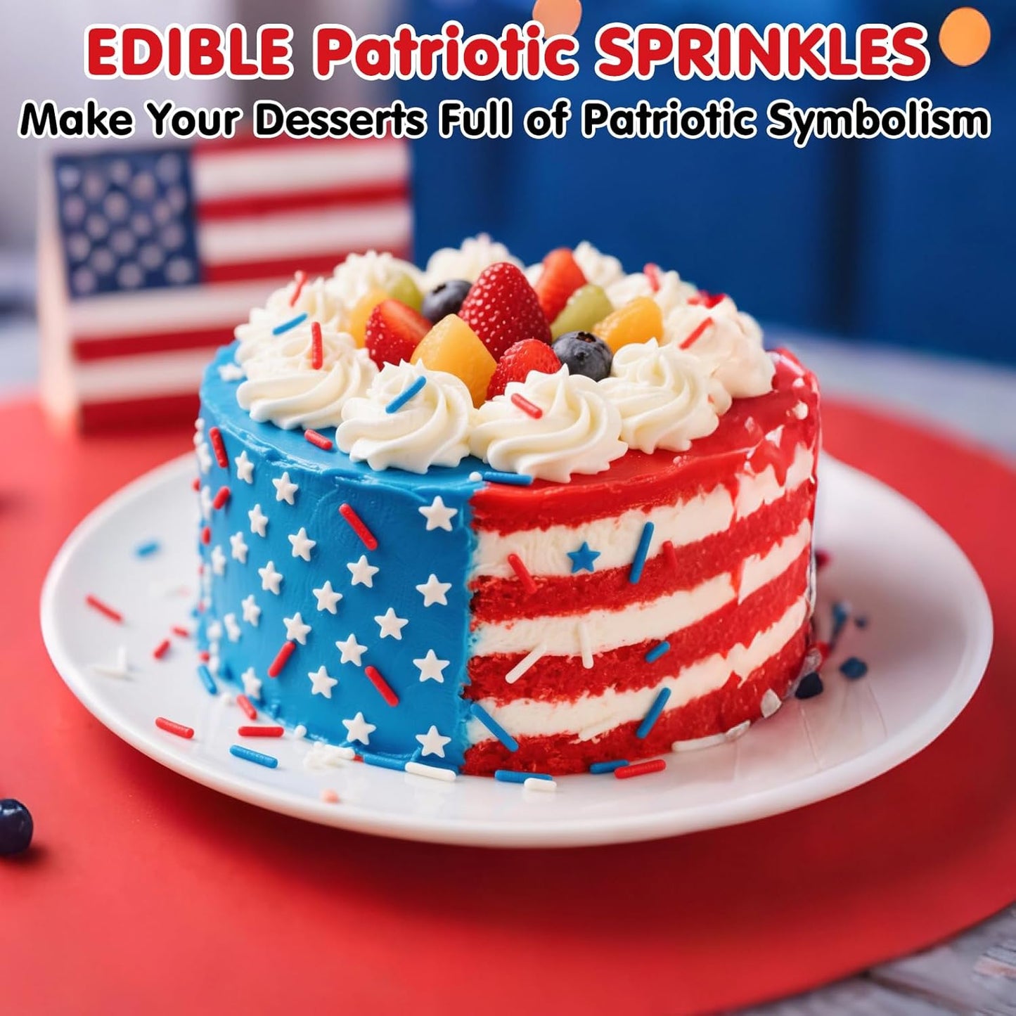 Edible Patriotic Sprinkles for Cake Decorating,Red White and Blue Jimmies Stars Sprinkle Mix, 100g/3.53oz, American Team USA Sprinkles,Baking, Ice Cream,Cookies,Cupcake Topper,Holiday Party Decorations