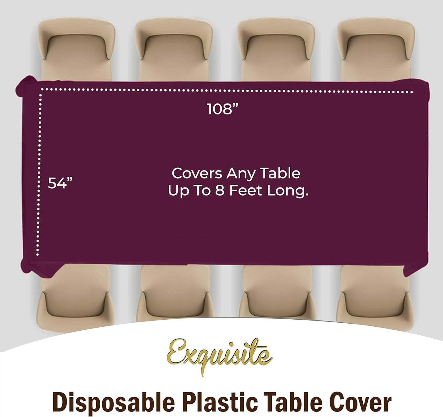 Exquisite 12-Pack Premium Plastic Tablecloth 54in. x 108in. Rectangle Table Cover - Plum
