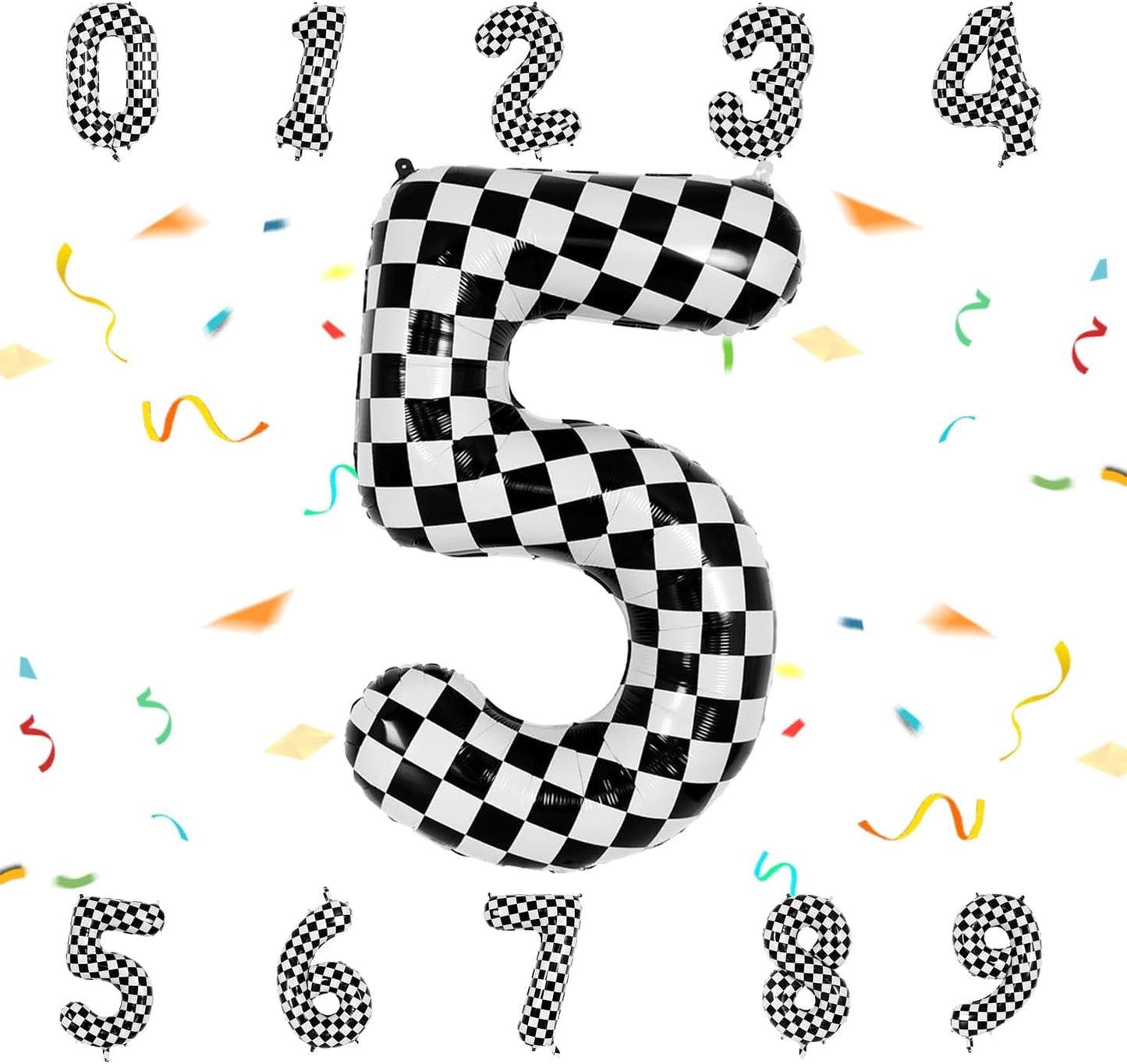 40 Inch Checkered Number Balloon - Race Flag Pattern Big Helium Balloon for Birthday Party Decorations - Black & White Balloon for Kids Adults Party Supplies (Racing Car, Number 5)