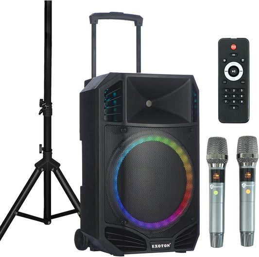 EXOTON S-1501 15 Inch Portable Rechargeable PA Speaker - 1600W, Bluetooth, TWS, USB/RCA, 2 UHF Mics, Remote, 7-Color Lights, DSP with 4 Scene Presets, 5-Band EQ