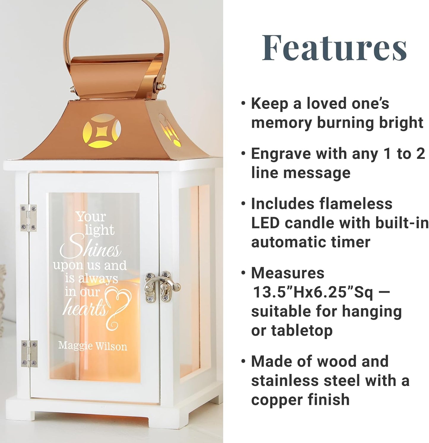 Let's Make Memories Personalized Memorial Lantern - Sympathy - Condolences - LED Candle - Automatic Timer - Wood/Stainless Steel - Copper Finish - Keep The Light On
