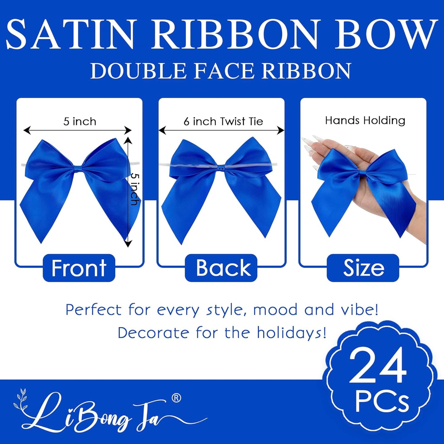 5'' Royal Blue Bow Party Decorations Satin Bows, Twist Tie Bows for Treat Bags, Cake Pops, Pre-tied Bow Premade Ribbon Bows for Crafts, Holiday Bows for Gift Wrapping, Wedding Decor-24 Counts