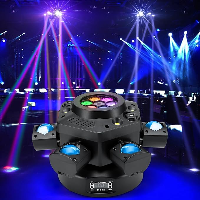 Moving Head DJ Light, 150W RGBW Party Light Remote DMX512 Control Sound Activated 6 Arms Stage Effect for DJ Stage Party Bar Disco Show Club Wedding