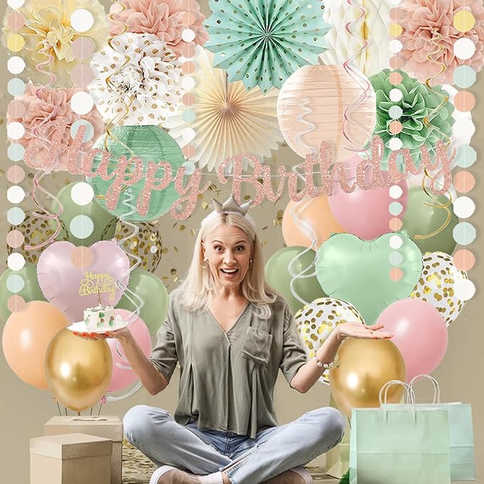 Sage-Green Blush-Pink Birthday Decorations for Women Girls, Cream Light Beige Happy Banner, Paper Lanterns Pom Poms, Olive Green Dusty Pink Balloons, Boho Fairy Anniversary Princess Party Décor