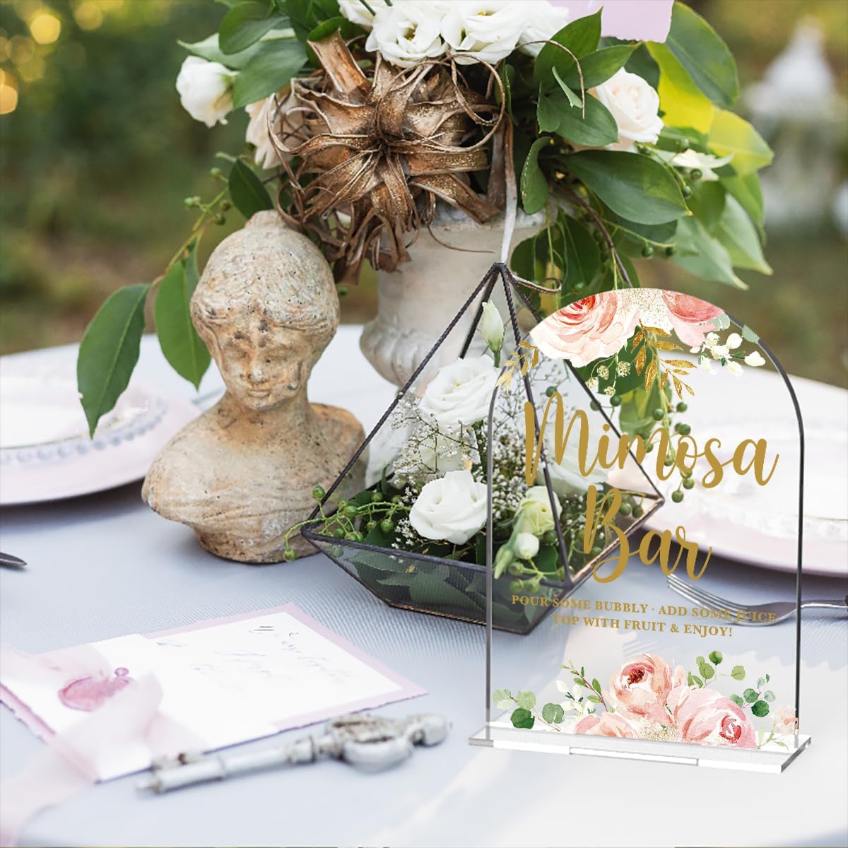 Acrylic Wedding Signs, Bridal Shower Decorations, Mimosa Bar Signs for Reception, Modern Calligraphy Arch Acrylic Table Top Sign for Wedding Reception and Engagement Parties (Clear Pink Flowers)