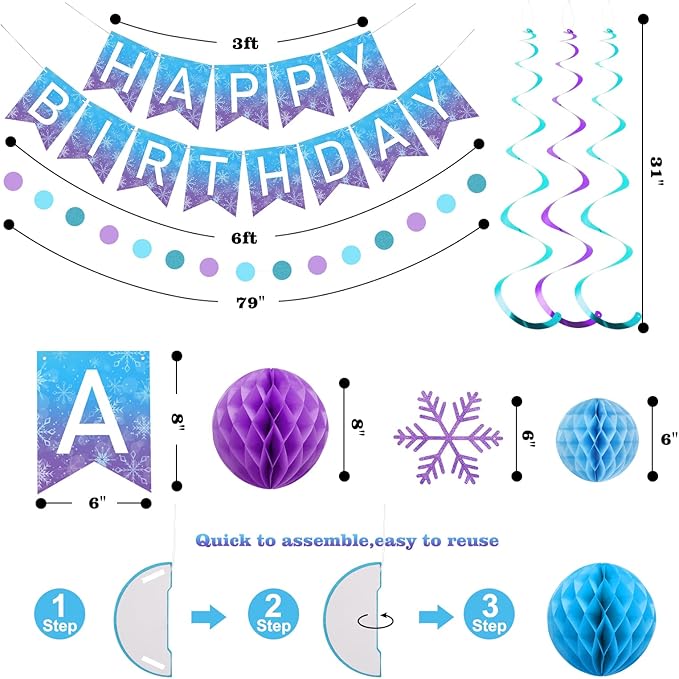 meowtastic Frozen Birthday Party Decorations - Happy Birthday Banner with Honeycomb Balls, Snowflake Hanging Swirls Streamers, Circle Dots Garland Decorations - Party Decor for Boys Girls (Frozen)