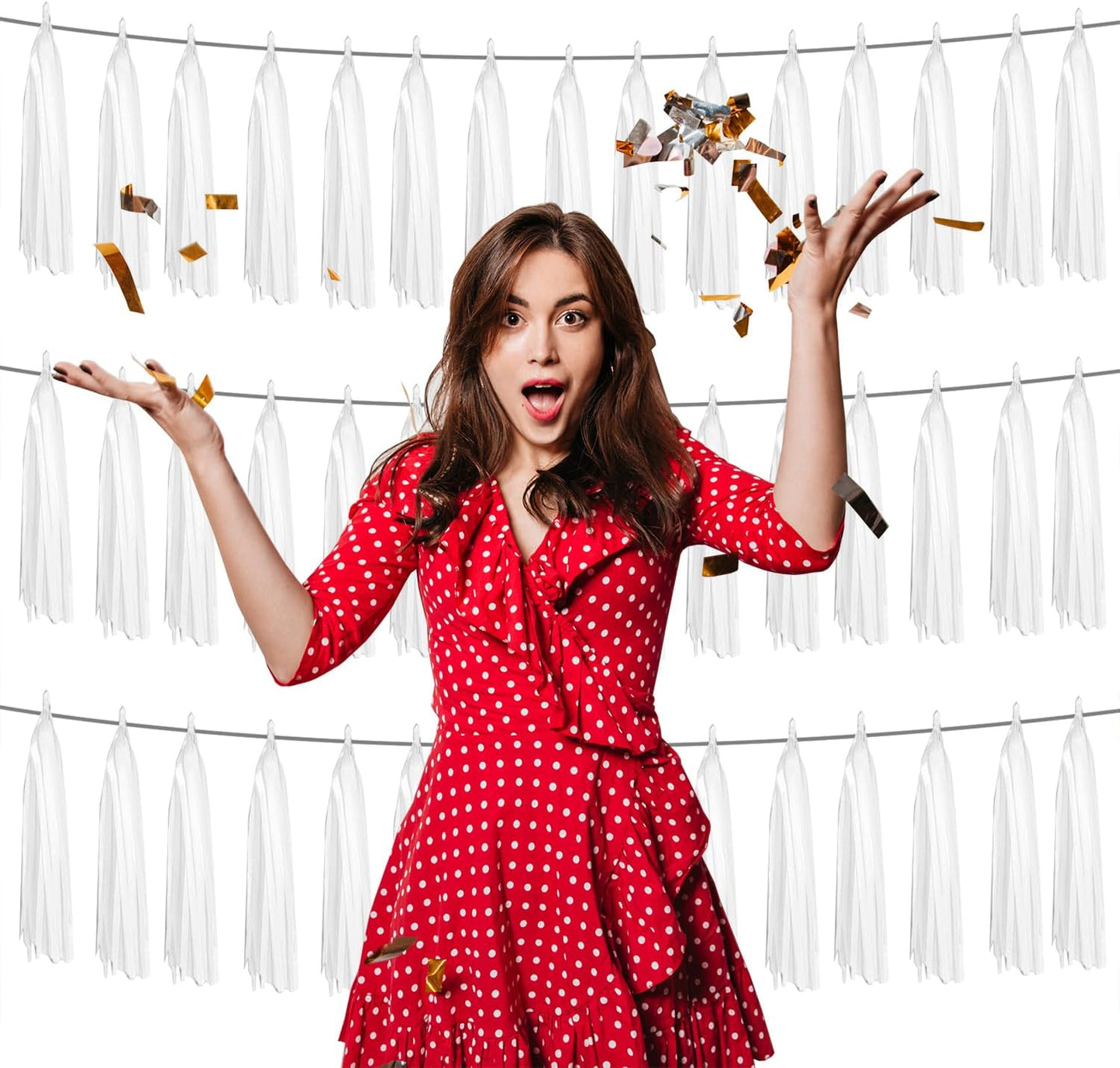 3P White Foil Fringe Metallic Tassel Streamers Banner Tassel Garland for Parade Floats, Graduation, Wedding, Birthday, Halloween, Christmas, Bridal/Baby Shower Party Decorations