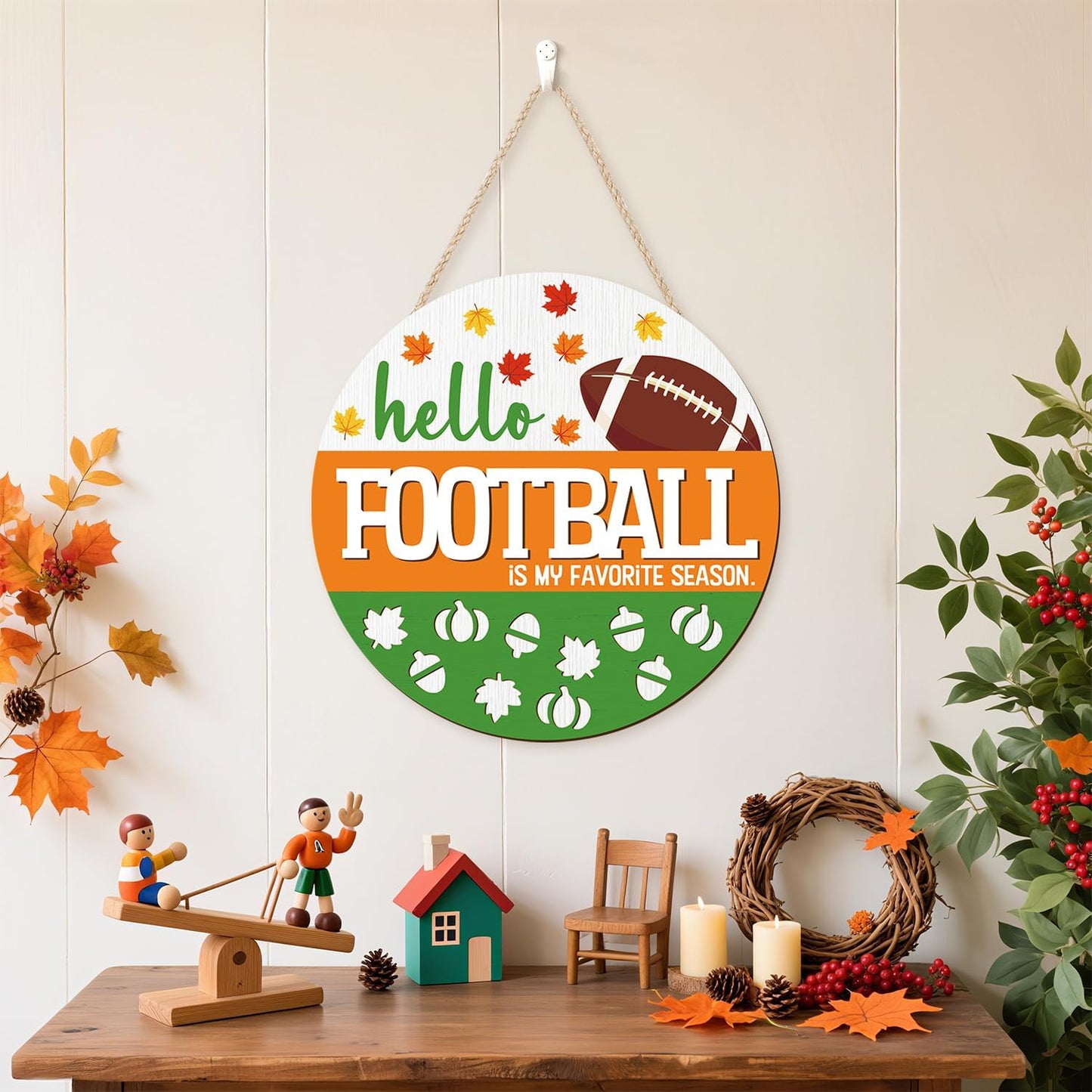 CHDITB Hello Football is My Favorite Season Front Door Sign Wreath(12"x12"), Wooden 3D Fall Decoration Wall Hanging, Farmhouse Rugby Autumn Harvest Maple Leaves Decor Hanger for Front Porch Outdoor
