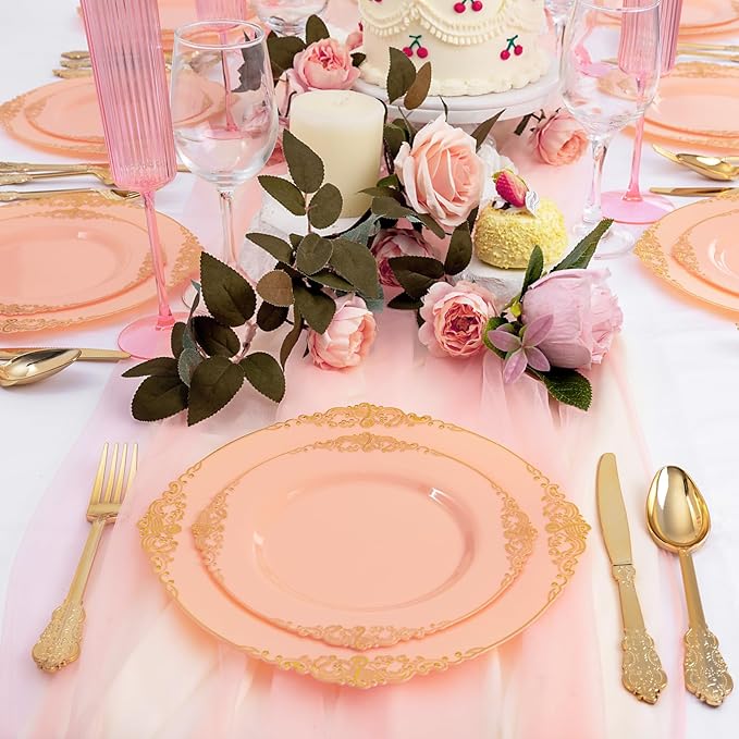 125PCS Peachy Pink Plastic Plates - Elegant Pink and Gold Dinnerware Set - Heavy Duty Disposable Plates with Gold Silverware Sets for 25 Guests for Wedding & Valentine's Day & Bridal Shower