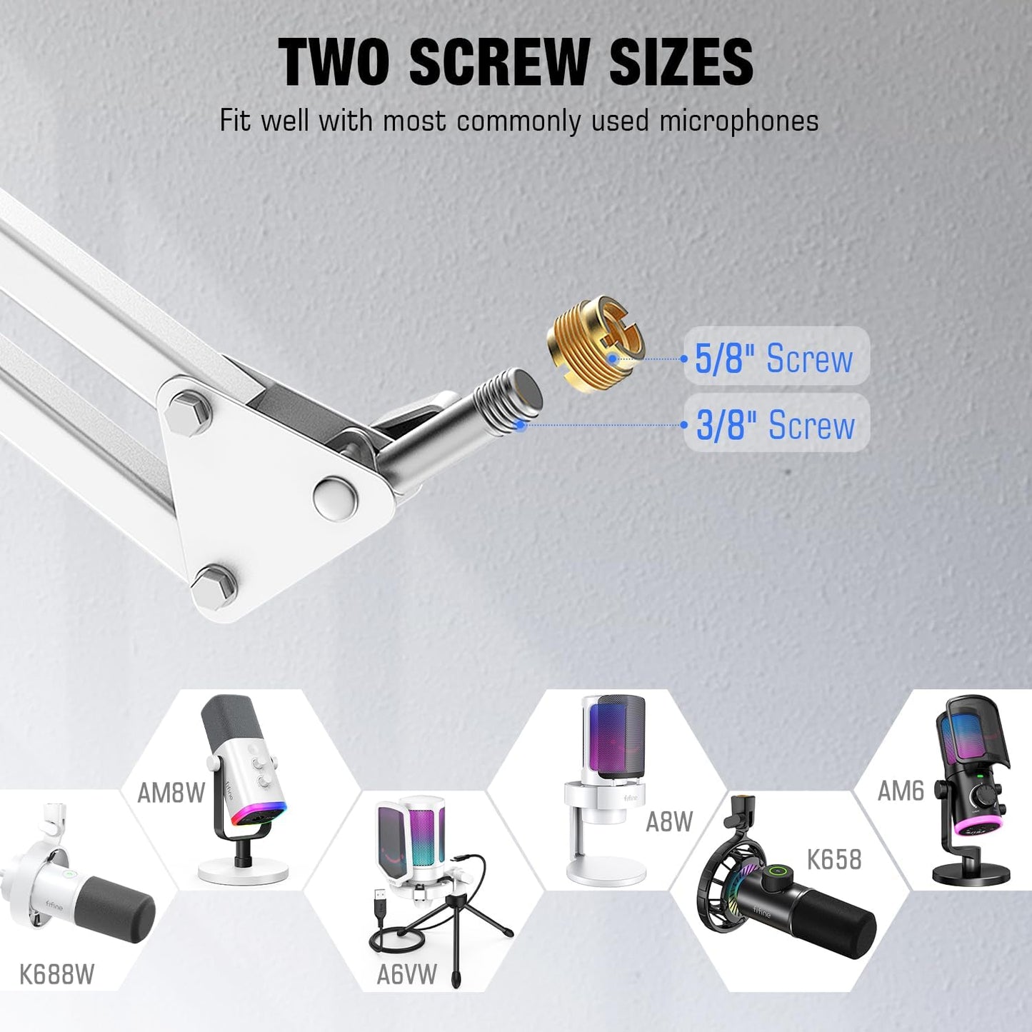 FIFINE Microphone Boom Arm, Suspension Mic Arm Stand with Mount Clamp, Metal Scissor Mic Stand with 3/8" to 5/8" Adapter for Home Studio Recording Podcast Gaming-CS1 White