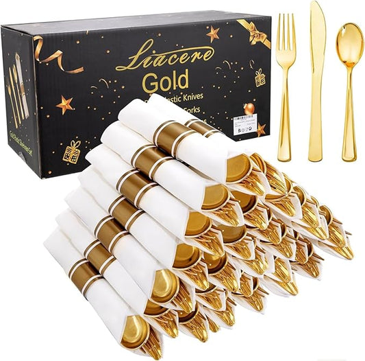 Liacere 100Pack Pre Rolled Gold Silverware and Napkin-Disposable Gold Plastic Utensils-Wrapped Plastic Cutlery Set with Napkin:100 Forks,100 Knives,100 Spoons,100 Napkins for Christmas＆New Years