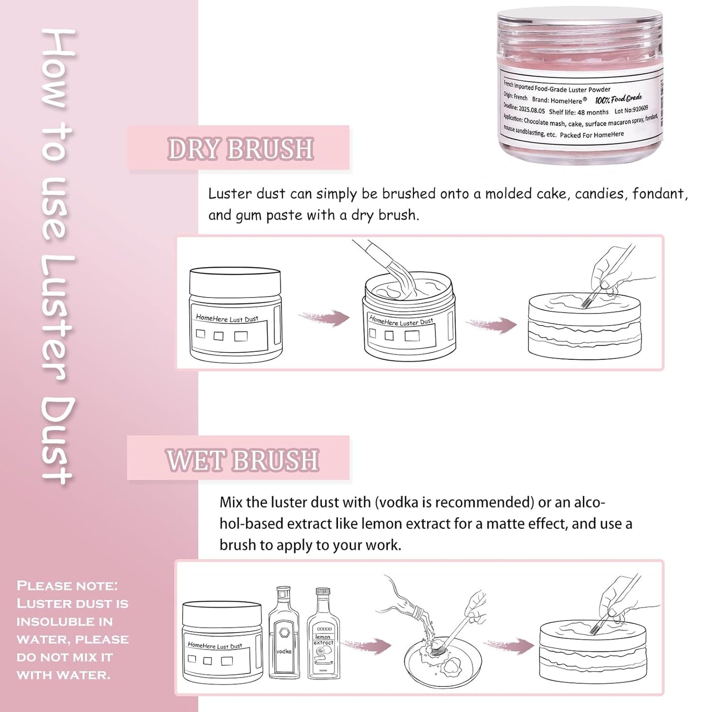 HomeHere Edible Luster Dust Food-Grade Glimmer Powder Glitter for Cake Decorating 7g, Edible Sprinkle Glitter for Cocktails Drinks Baking Candy Dessert Chocolate Vegan Tasteless, Light Pink