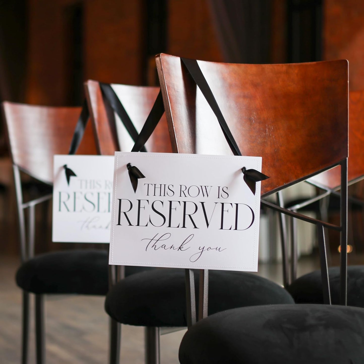 Ritzy Rose Set of 2 Reserved Row Sign for Wedding Ceremony Chairs or Events - Thick Paper Banner for Seating - White Linen Cardstock with Black Font and Black Satin Ribbon - 11x8.5 inches