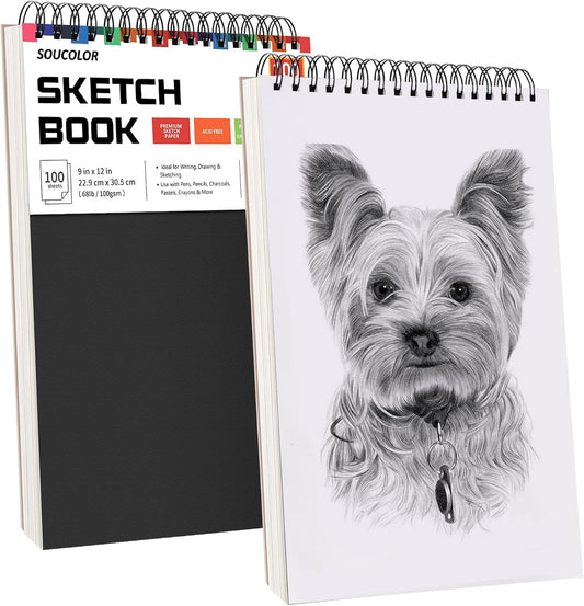 Professional Drawing Supplies for Sketch, Charcoal, Colored, Graphite, Pastel Pencils & Sticks. Soucolor 2-Pack 9" x 12" Sketch Book, 200 Sheets Spiral Bound 68lb/100gsm Paper for Kids Adults Artists