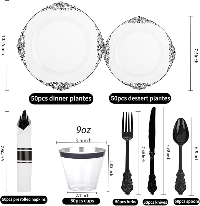 Hioasis 350pcs Clear and Black Plates - Black Party Plates for 50 Guest, Include 100 Heavy-duty Plates(20% Thicker Than Standard), 50 Pre Rolled Gold Plastic Silverware Set, 50 Cups