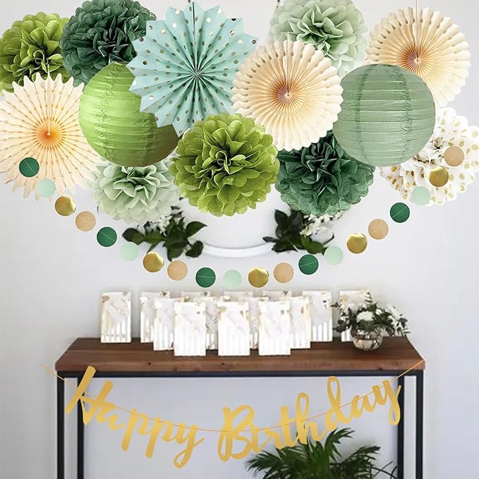 Olive Sage Green Birthday Party Decorations Sage Birthday Party Décor Tissue Paper Pom Poms Flowers Paper Fans Circle Dot Garlands Olive Green Party Neutral Birth day Decorations for Women Girls Boys